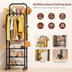 Furologee Clothing Racks for Hanging Clothes, Portable Rolling Garment Rack, Sturdy Metal Freestanding Clothes Rack with Wheels, Double Rods Wardrobe Racks for Bedroom Laundry Living Room