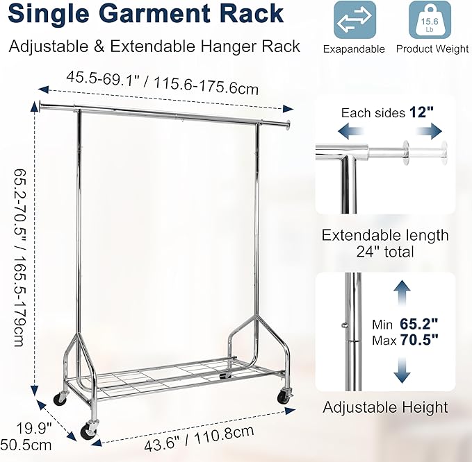 Whitmor Heavy Duty Adjustable Garment Rack-Rolling Clothes Organizer, Black and Chrome