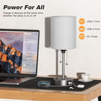 Dicoool Grey Bedroom Lamp for Nightstand - 3 Color Temperature Table Lamp with USB C and A Ports, Pull Chain Bedside Lamp with AC Outlet, Desk Lamp with Silver Metal Base for Kids Girls