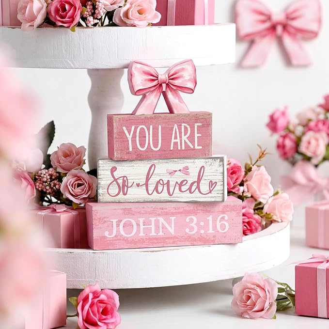 Lineshading 4 Pcs Pink Bow Decor Christian Table Decor Wooden Block Signs Set "you Are So Loved John 3: 16” Inspirational Bible Verse Quotes Coquette Bow Centerpieces for Home Office Shelf Decorations