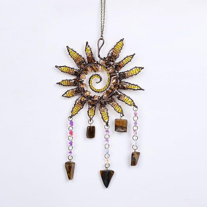 Mini Sun Catcher Dream Catcher – Handmade Sunburst Wall Hanging with Tiger Eye Stones & Crystal Beads for Window Decor, Bedroom, Meditation Space or Gift
