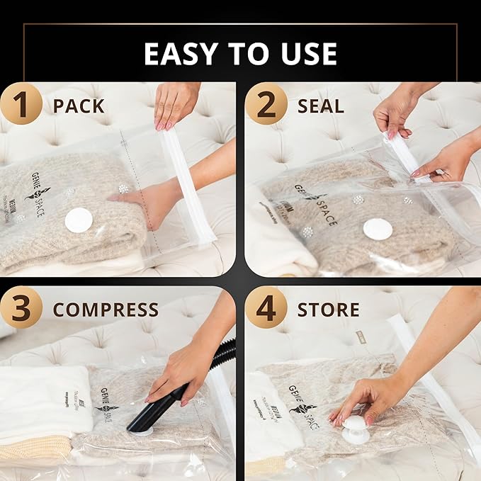 GENIE SPACE Premium Extra Large (XL) Vacuum Storage Bags – 40x30 in, Airtight, Reusable and Odor-Proof Space Saver Bags for Clothes, Bedding and Wardrobes, 5-Pack with Hand Pump