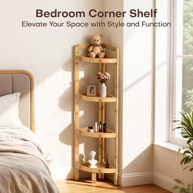 2026 New Bamboo Standing Shelf, 4 Tier Corner Shelf Stand, Free-Standing Shelf Units, Triangular Curved Corner Shelf Stand for Space-Saving Display Ideal for Bathroom/Kitchen/Living Room Storage