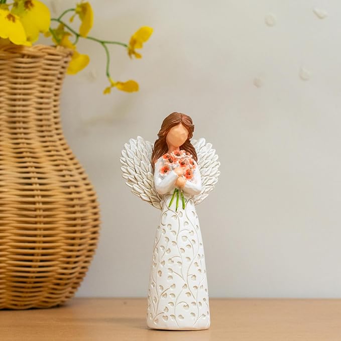 Hand-Painted Angel Figurine with Red Poppy, Remembrance Symbol & Tree of Life Design - Meaningful Gift for Memorial, Hope & Renewal. Angel Statue with Leaf Pattern Dress