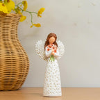 Hand-Painted Angel Figurine with Red Poppy, Remembrance Symbol & Tree of Life Design - Meaningful Gift for Memorial, Hope & Renewal. Angel Statue with Leaf Pattern Dress