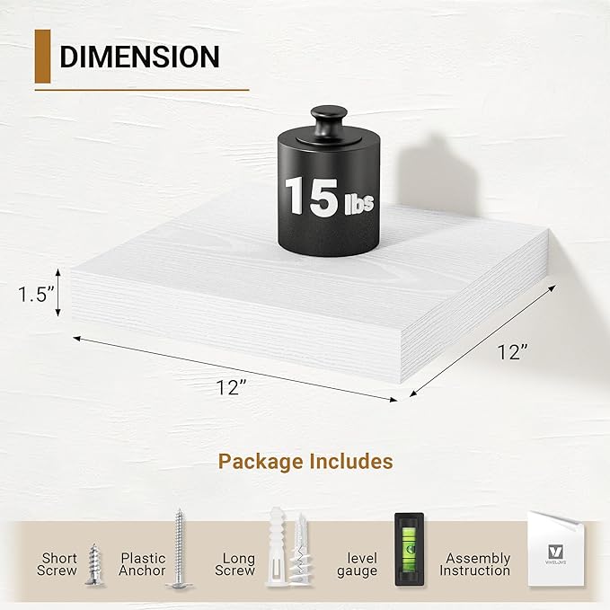 Vivelove White Floating Shelves Over Toilet 12 Inches Deep, 12x12 Floating Shelves for Wall with Invisible Brackets, Room Shelves for Living Room Bedroom Bathroom Kitchen Office, Set of 2