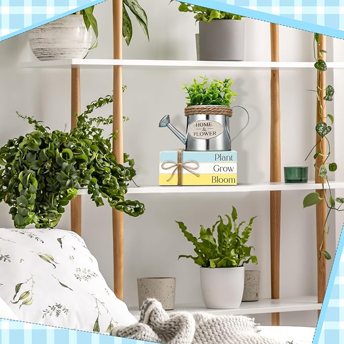 Wesiti 4 Pcs Spring Table Centerpieces Decorations Farmhouse Tiered Tray Decor Kettle Eucalyptus Fake Book Stack Decor Spring Decoration for Home Wooden Block Sign for Desk Tabletop Shelf Indoor