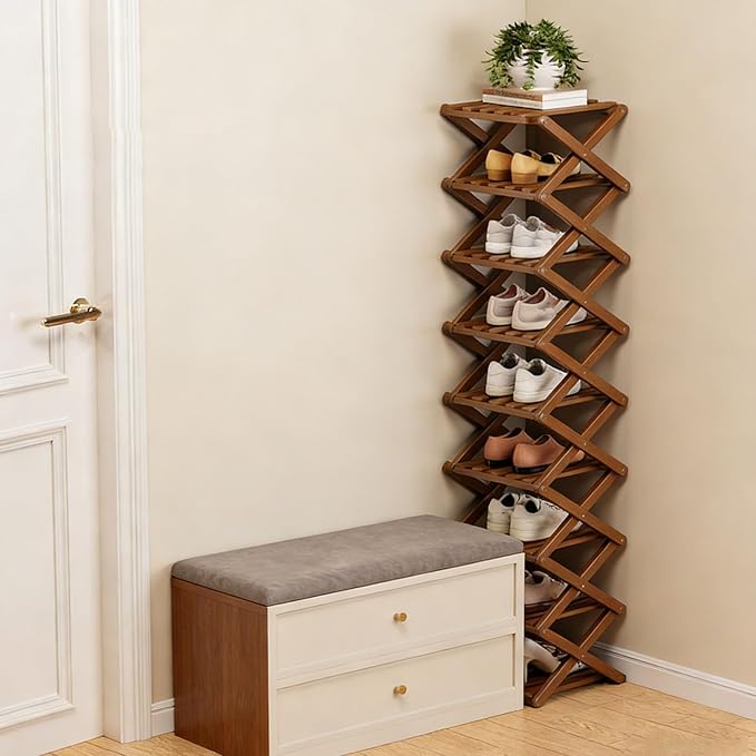 The 9-Tier No-Assembly Bamboo Rack, 2-9 Tier Folding Shoe Storage Rack, Space-Saving Organizer for Shoes, No Assembly Narrow Shoe Shelf for Entryway Closet Dorm (Brown, 9 Tier)