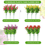 12 Bundles Artificial Flowers,Faux Plants for Spring Summer Decoration, UV Resistant Colorful Violets Eucalyptus for Outside Home Planter Porch Patio Yard Decor
