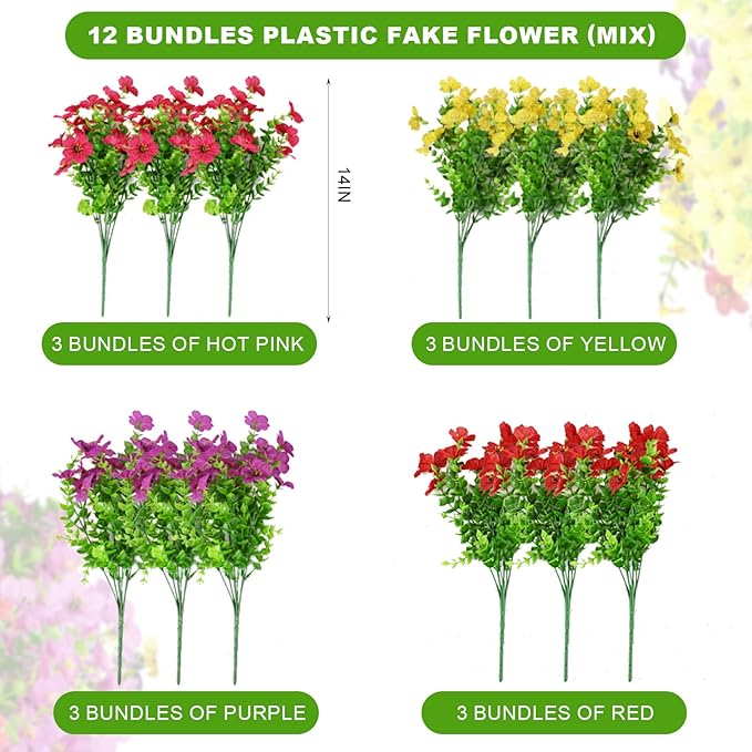 12 Bundles Artificial Flowers,Faux Plants for Spring Summer Decoration, UV Resistant Colorful Violets Eucalyptus for Outside Home Planter Porch Patio Yard Decor