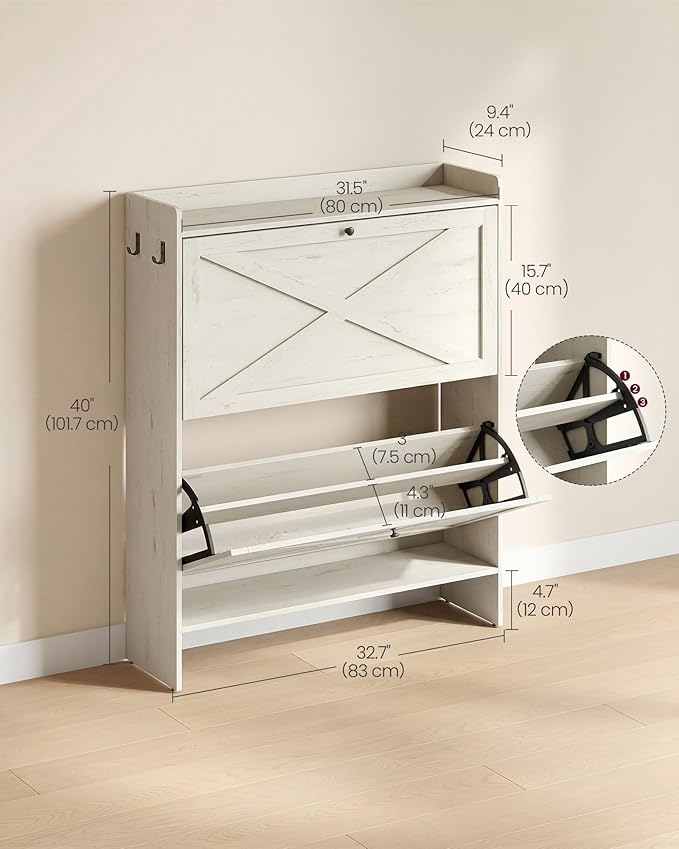 VASAGLE Shoe Storage Cabinet Organizer with 2 Flip Drawers, Freestanding Narrow Shoe Rack Cabinet for Entryway, Farmhouse Style, Fits 14 to 16 Pairs, Rustic White UHSC203WJ01S