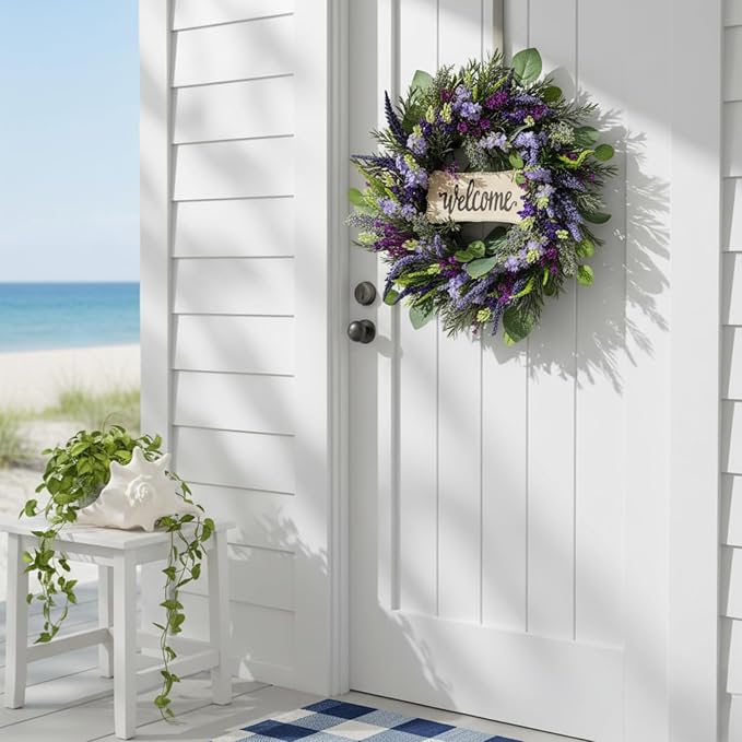 22 Inch Welcome Wreath for Front Door, Artificial Lavender and Eucalyptus Wreath for Spring Summer, Farmhouse Porch Decor Purple Floral Front Door Decoration for Wall Door Farmhouse