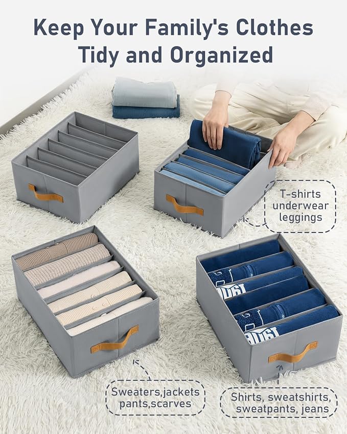 DIMJ Large Wardrobe Clothes Organizers - Foldable Closet Clothing Organizer for Jean Sweater Shirt Pants Underwear Bra, Divided Clothes Drawer, Grey Closet Shelf Organizer Boxes | Foldable, for Jean, for Sweater, for Shirt, for Pants, for Underwear