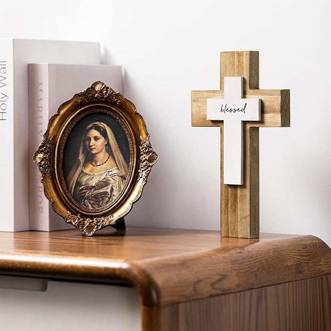 OKSQW Wall Wooden Cross Christians Crosses Spiritual Religious Cross With Hook Christmas Wall Hanging Handmade Nature Wood Color with Blessed Design for Church Home Room Decor Wood Crucifix Gift