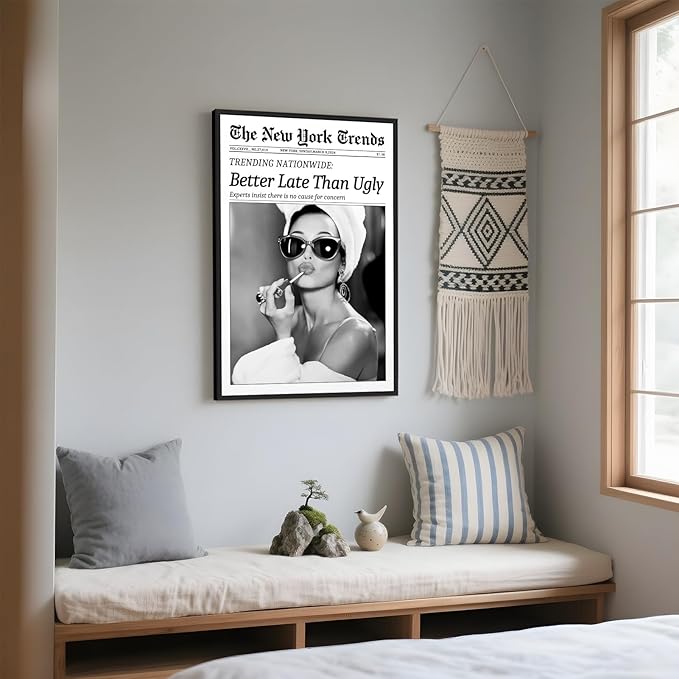 Framed Better Late Than Ugly Wall Decor Vintage Newspaper Wall Art Black and White Fashion Poster Audrey Hepburn Chic Decor New York Trends Glam Quote Canvas Print for Bedroom Bathroom Dorm 16x24inch