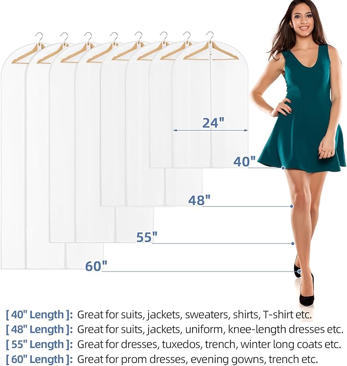 40" All Clear Garment Bags for Hanging Clothes, 12 Packs Suit Bags for Closet Storage, Plastic Waterproof Suit Cover Bags with Zipper for Coats, Jackets, Shirts (Set of 12)