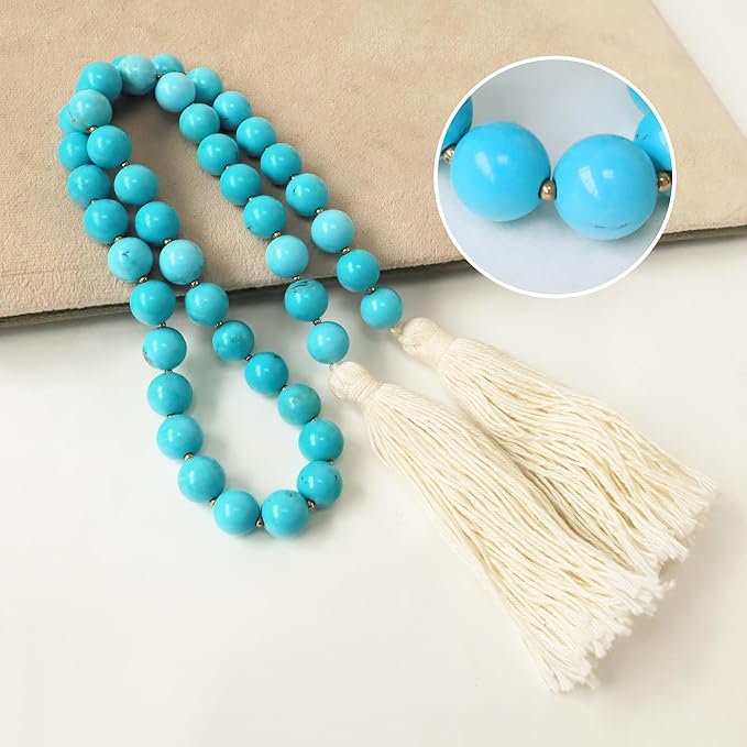 Gemstone Bead Garland with Tassel,31inch Farmhouse Rustic Country Table Decor Prayer Healing Beads Boho Wall Shelf Hanging Decoration (Turquoise Ball)
