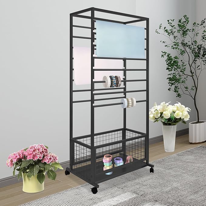 16-Layer Scarf Display Stand, Rolling Scarf Organizer Holder Hanging Rack with Wheels & Storage Basket for Retail Store Boutique Display Bedroom, W26.5*D16.9*H59in (Black)
