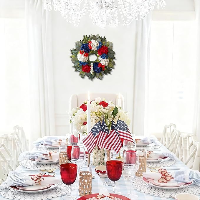 WANNA-CUL 250th Year Patriotic Wreaths for Front Door Decorations, 24 Inch 4th of July Hydrangea Wreath, Red White Blue Spring Door Wreath for Independence Day, Memorial Day for Indoor Outdoor Decor