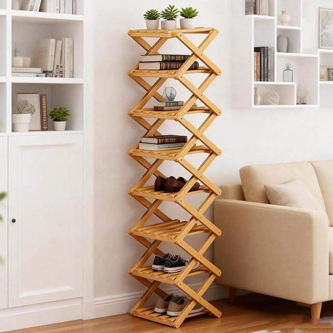 2/3/4/5/6/7/8/9 Tier Bamboo Folding Shoe Rack,2026 New Bamboo Foldable Shoe Rack,no Installation Required,Vertical Multi-Layered Organizer,Space-Saving for Entryways& Balconies (Primary Color, 4)