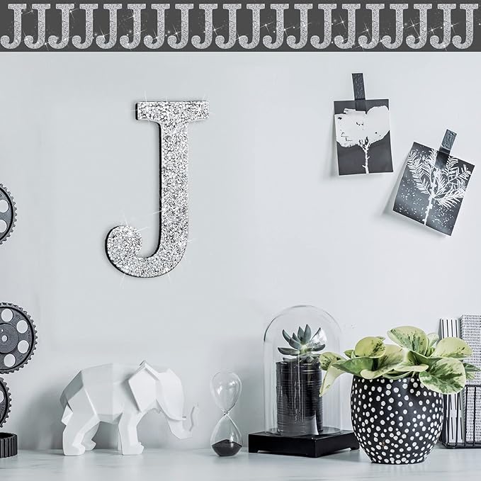 Qunclay 5.7" Silver Crystal Diamond Bling Letters Crushed Diamond Decoration Wooden Glitter Letter with Screw and Hooks Rhinestone Gift for Wedding Y2k Mcbling Bedroom Wall Decor (Letter J)