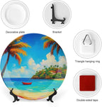 Coconut Trees Theme Decorative Ceramic Plate Round Porcelain Plate,10 inch,Beach Pattern,for Decorative Ornaments Giving Plates,1 Plate with 1 Display Stand,Blue Green