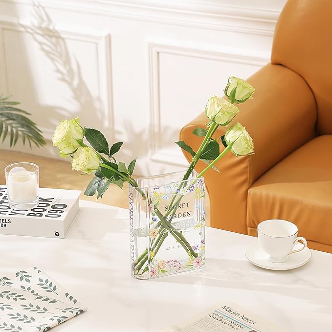 Glass Book Vase, Clear Book Vase for Flowers, Unique Flower Vase, Modern Book Shaped Vases for Bedroom, Living Room, Office, Coffee Table, Bookshelf(Garden)