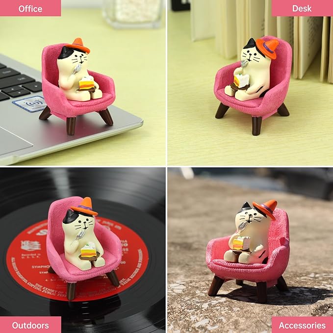 RAQWI Cute Kitten Figurine Eating Cake on Pink Sofa, Mini Resin Cat Statue for Office Desk & Home Decoration, Adorable Easter Spring Gift for Cat Lovers, Women, Friends