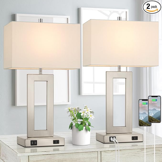22'' Tall Table Lamps for Bedroom Set of 2, Silver Bedside Touch Control Lamp with 2 USB Ports&AC Outlet, Modern Living Room Table Lamp for Nightstand End Table, 3-Way Dimming with 2 E26 Edison Bulbs