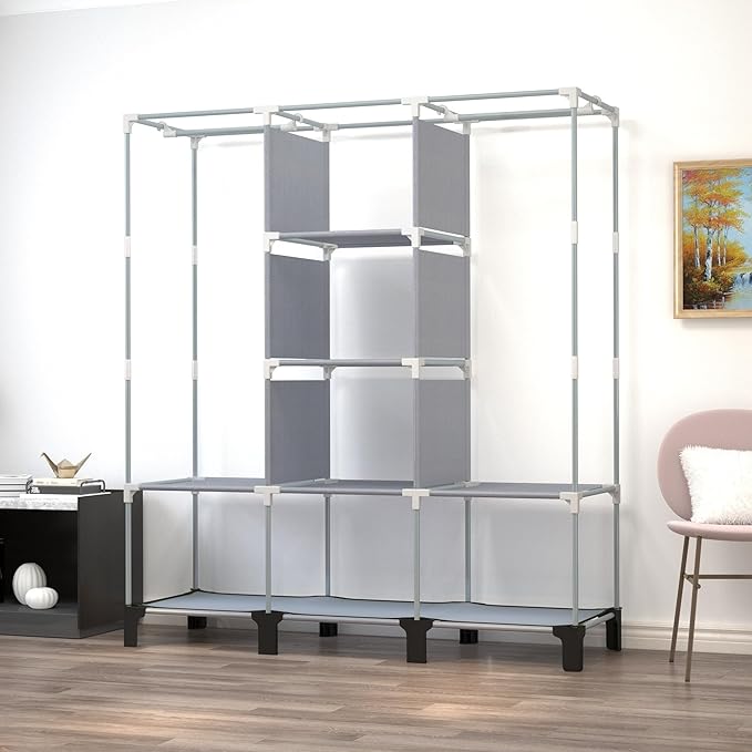 Portable Wardrobe with 10 Storage Racks and 2 Hanging Poles 6 Side Pockets Fleece Cover, Size 130 x 45 x 172 cm, Bedroom Closet Organizer Black