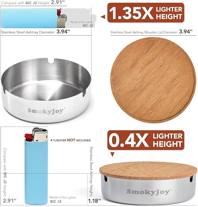 Ashtray with Lid for Outside Patio, 2 Pack Windproof Ash Tray, Silver Stainless Steel Smokeless Ashtray for Outdoor Home Office Tabletop Patio Outdoor Balcony, Meidium