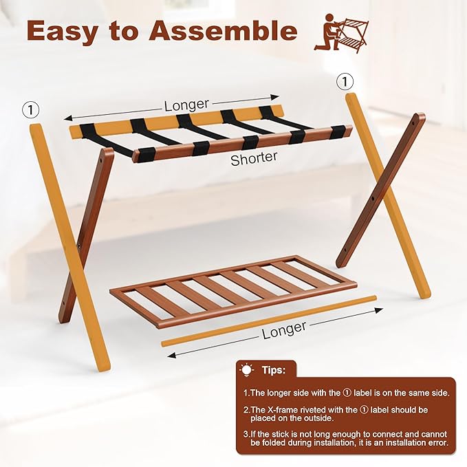 26.77"L Luggage Rack, Walnut Luggage Rack for Guest Room, Bamboo Folding Suitcase Stand with Storage Shelf, 5 Nylon Straps, Heavy Duty Luggage Holder for Bedroom Hotel, 1 Pack, Gift Box Packaging