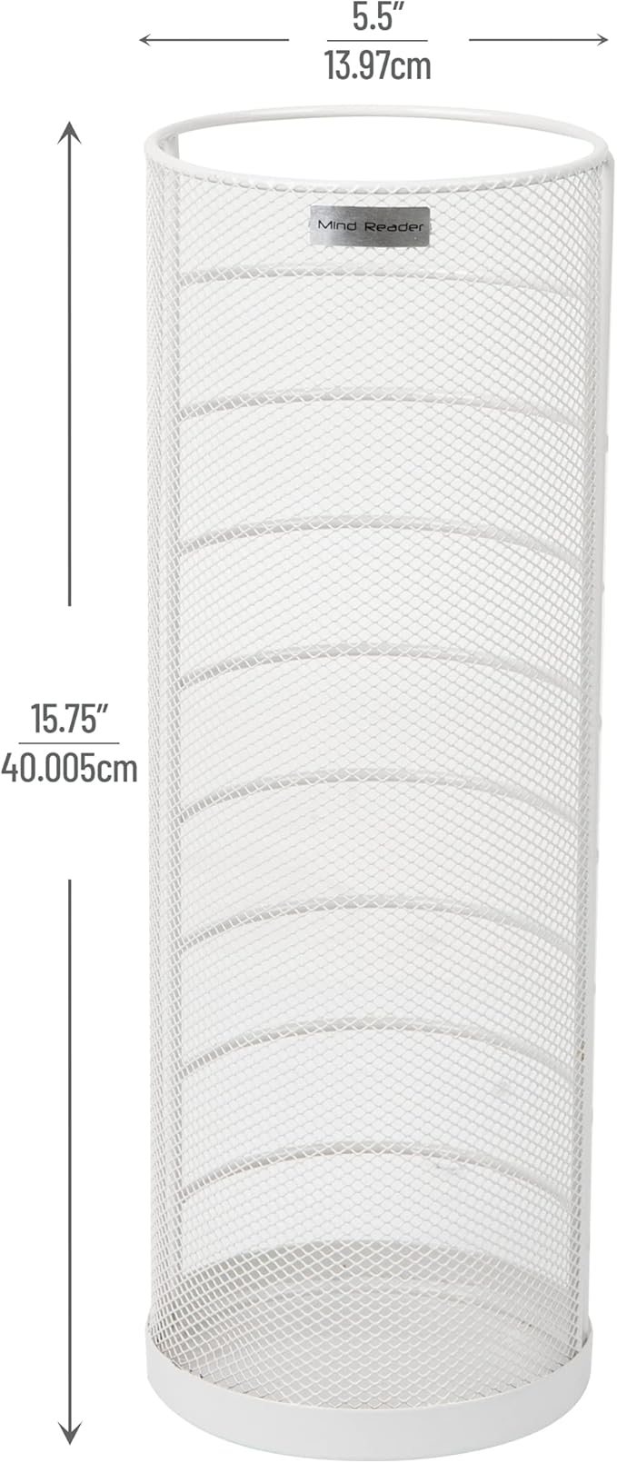 Mind Reader Umbrella Stand, Walking Cane Rack, Wraping Paper Holder, Entryway, Metal Mesh, 5.5" L x 5.5" W x 15.75" H, White