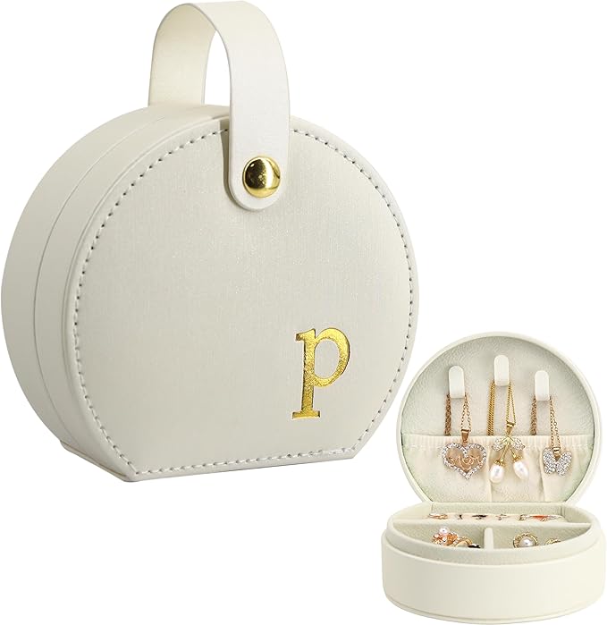 COLLECTIVE HOME - Travel Jewelry Case, Elegant Half-Moon Design with Gold Monogram, Detachable Handle, Personalized Accessory Organizer, Gift for Fashion-Forward Women and Teens (p)