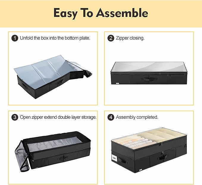 Large Under Bed Storage Containers, 2-Pack Double Layer Underbed Storage Bins with 3 Handles, 70L Extensible/Closed Clothes Storage Organizer with Sturdy Bottom Sidewalls, Black