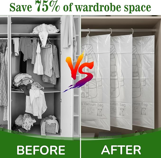6 Pack Hanging Vacuum Storage Bag, 2 Sizes: 51.2 x 27.6 inch & 43.3 x 27.6 inch Hanging Vacuum Sealer Storage Space Saver Bags, Reusable Space Saver Bags, for Suits, Dress, Jackets, Clear