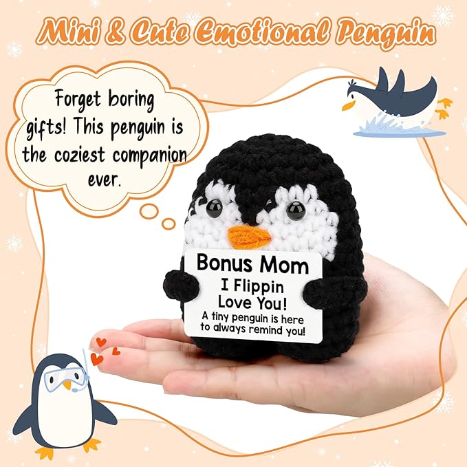 Belatelove Birthday Gifts for Bonus Mom from Daughter Son, Handmade Crochet Mini Penguin Mother's Day for Mother in Law, Funny I Love You Gift for BonusMom Small Easter Decor