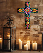 Putuo Decor Floral Cross Wall Decor Painted Decorative Wooden Inspirational Cross Spanish Style Wall Cross Decor Mexican Art Wall Decor Crucifix for Home Room Church Decoration