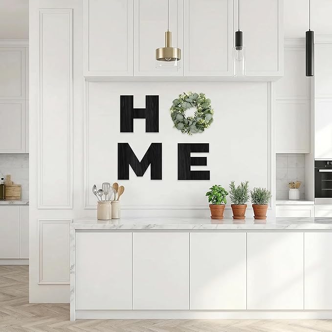 Pinkpum Wood Home Sign with Artificial Eucalyptus Wreath for O, Hanging Farmhouse Wall House Decor Wood Letters for Wall Art Rustic Home Decor, Wall Decor for Living Room Kitchen Entryway (Black)