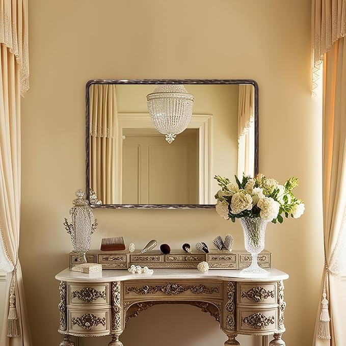 ANDY STAR Hand-Forged Bronze Bathroom Mirrors for Wall, 30x40 Inch Vintage Solid Steel Metal Frame Bathroom Vanity Mirror, Antique Rounded Rectangle Wall Mirror, Hangs Horizontally or Vertically