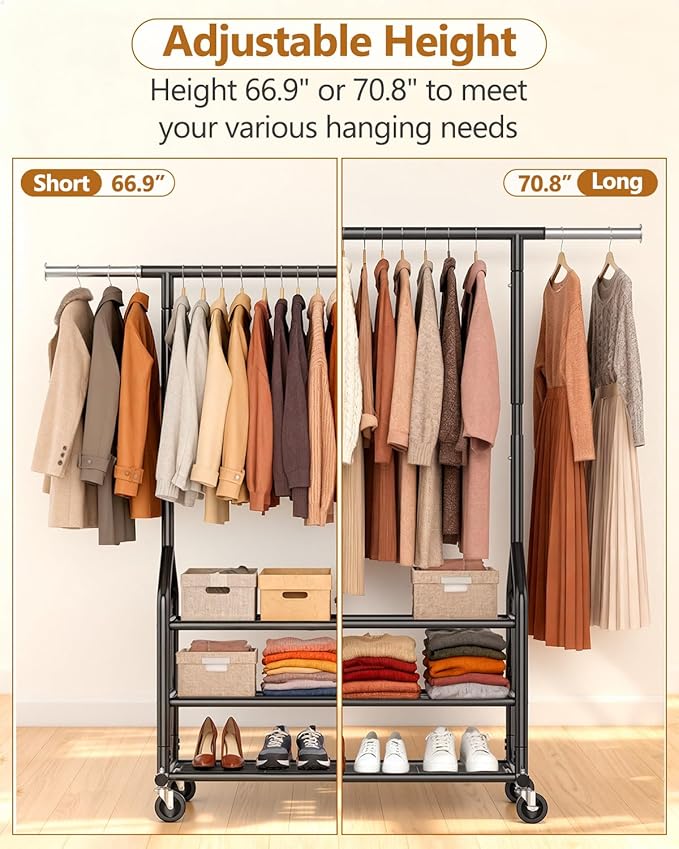 EAGMAK Heavy Duty Clothes Rack Load 686 LBS, Rolling Clothing Rack with 3 Shelves, Height Adjustable Metal Coat Racks, Portable Garment Closet Wardrobe Organizer with Wheels for Hanging Clothes, Black