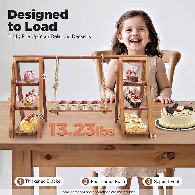 3 Tier Wooden Cupcake Stand, Tiered Serving Tray Dessert Table Display Set, Rustic Foldable Display Stand for Cupcake, Snack, Fruit, Bread, Ideal for Party, Wedding, Birthday, Home Decor (Wooden)