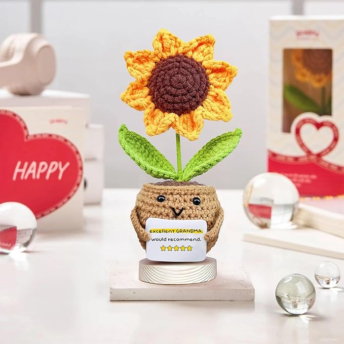 Gossby Positive Sunflower Doll Crochet with Card - Excellent Grandma Would Recommend - Gift for Grandma from Granddaughter, Grandson, Grandkid - Mothers Day, Christmas, Birthday Gift for Grandmother
