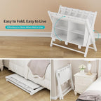 White Bamboo Luggage Rack with 4 Storage Compartments ，Foldable Suitcase Stand, Luggage Rack for Guest Room , 150lbs Capacity, Sturdy,