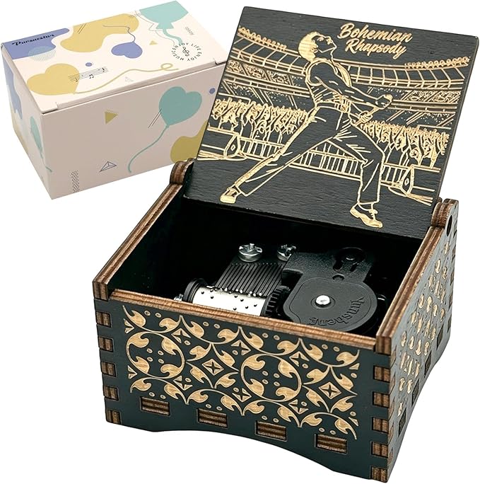 Pursuestar Black Wooden Wind Up Music Box - Bohemian Rhapsody-Queen, Vintage Engraved Wood Mechanism Musical Gifts for Anniversary Mother's Day Valentine's Day Christmas Thanksgiving Birthday