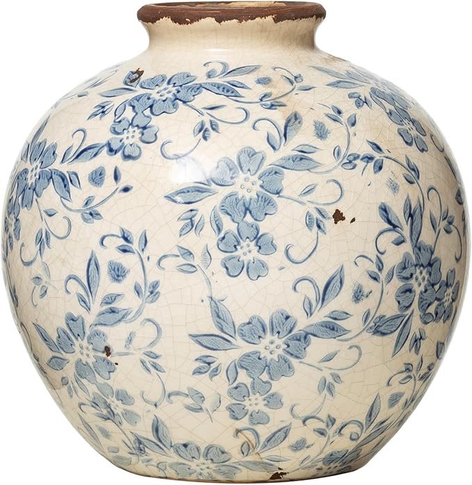 Creative Co-Op DF2720 8" H Terracotta Floral Transferware Pattern & Crackle Finish Vase, Blue