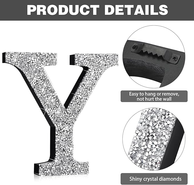 Qunclay 12'' Silver Crystal Diamond Bling Letters Crushed Diamond Decoration Wooden Glitter Letter with Screw and Hooks Rhinestone Gift for Wedding Y2k Mcbling Bedroom Wall Decor (Letter Y)