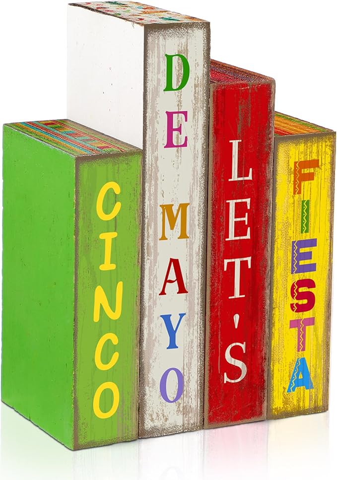 Lineshading 4 Pcs Cinco De Mayo Decor Wooden Books Stack Mexican Table Decorations Rustic Fiesta Tiered Tray Decor Sombrero Cactus Red Chili Centerpiece for Fiesta Mexican Birthday Party Decoration