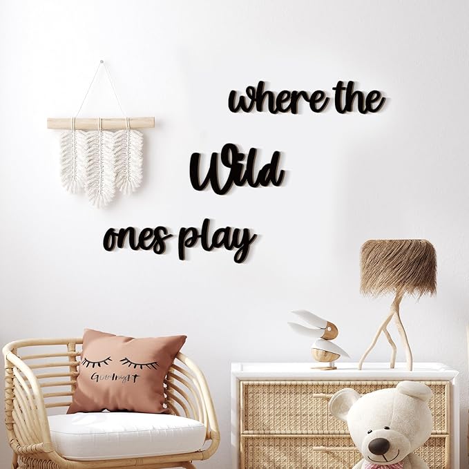 Kigley 5 Pcs Playroom Wall Decor 15.4" x 18" 3D Where The Wild Ones Play Nursery Sign Wooden Wall Art Decoration for Kids Toddler Room Decor Boys and Girls Kindergarten Bedroom Word Sign (Black)