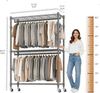 BATHWA Heavy Duty Garment Rack on Wheels, Rolling Clothes Racks for hanging clothes, Simple Sturdy Wardrobe Rack with Double Hanging Rods, 8 Side Hangers, Gray